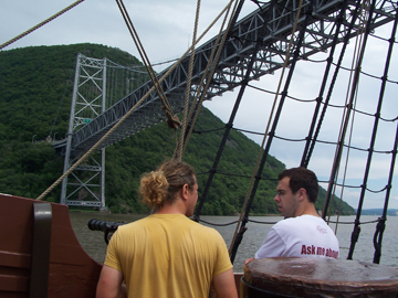 Mr. Van Grondelle and Mr. Robinson talk as the ship passes under Bear Mountain Bridge.